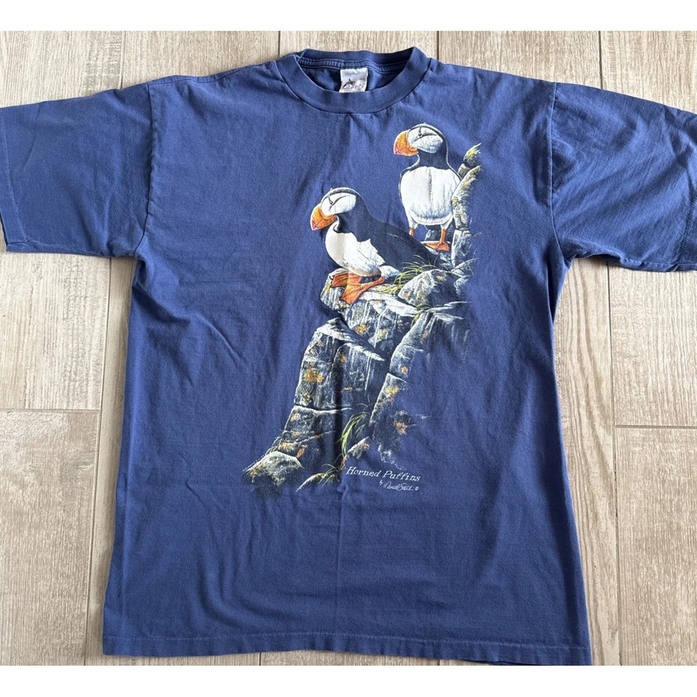 Vintage Single Stitch Harlequin T-Shirt Horned Puffins By Daniel Smith Lrg-USA